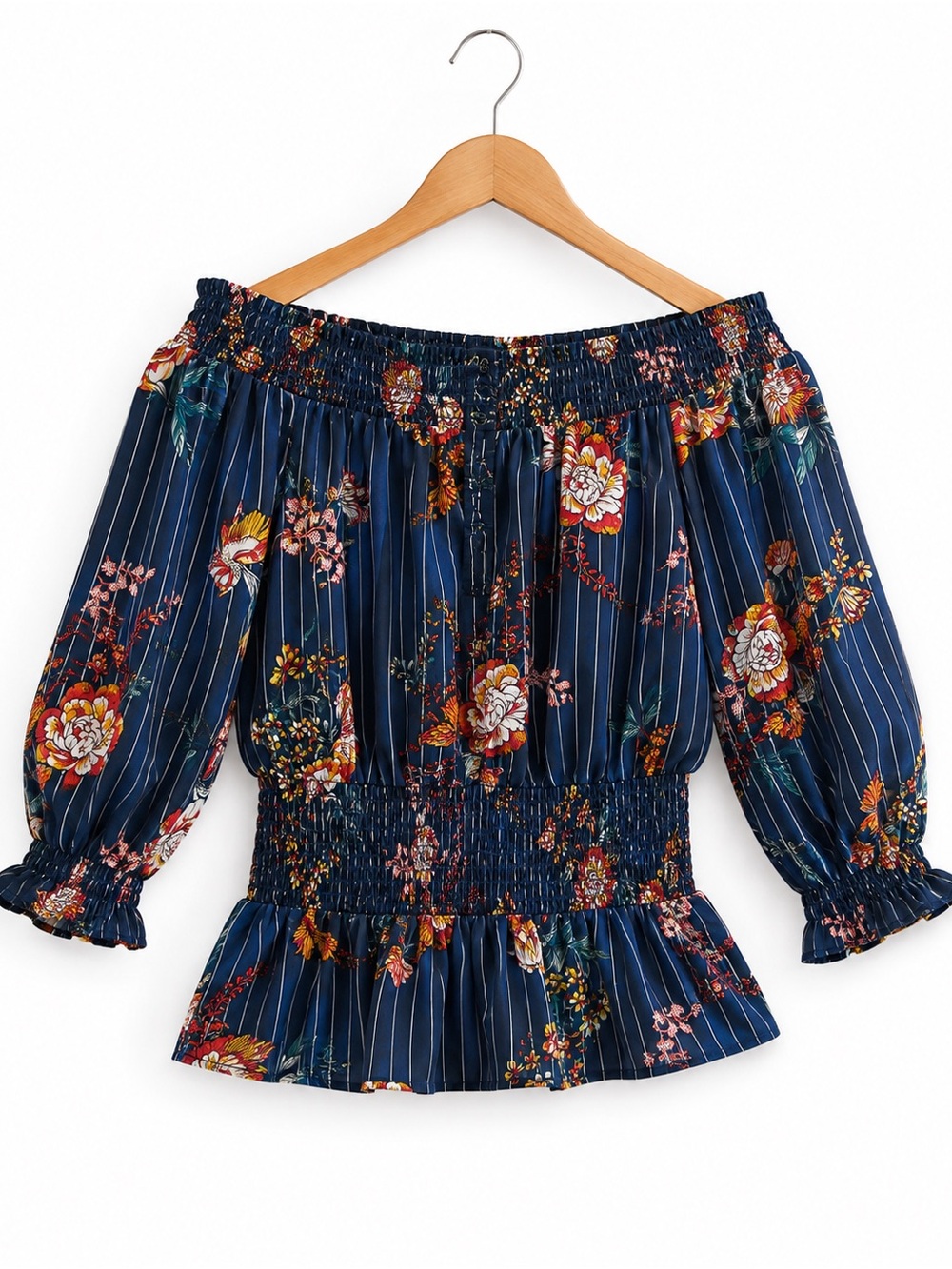 OLM Floral Stripe Smocked Peplum Blouse Top Size M